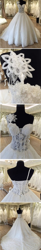 Unique Design One Shoulder See Through A-Line Lace Tulle Wedding Dresses,